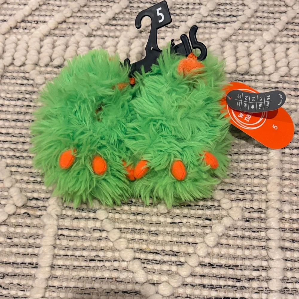 wonder nation Bright Green Fuzzy Slippers with Orange Accents